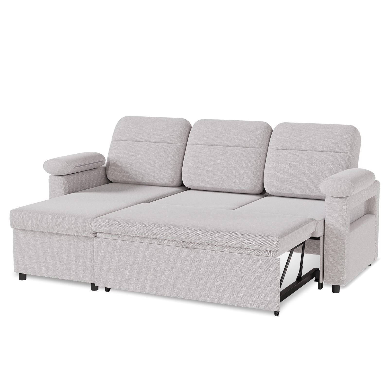 ECKSOFA mit Schlaffunktion, Stauraum und Getränke-Handyhalter, beidseitig montierbar, Leinenstoff - Hellgrau, Metall (143/90/203cm)