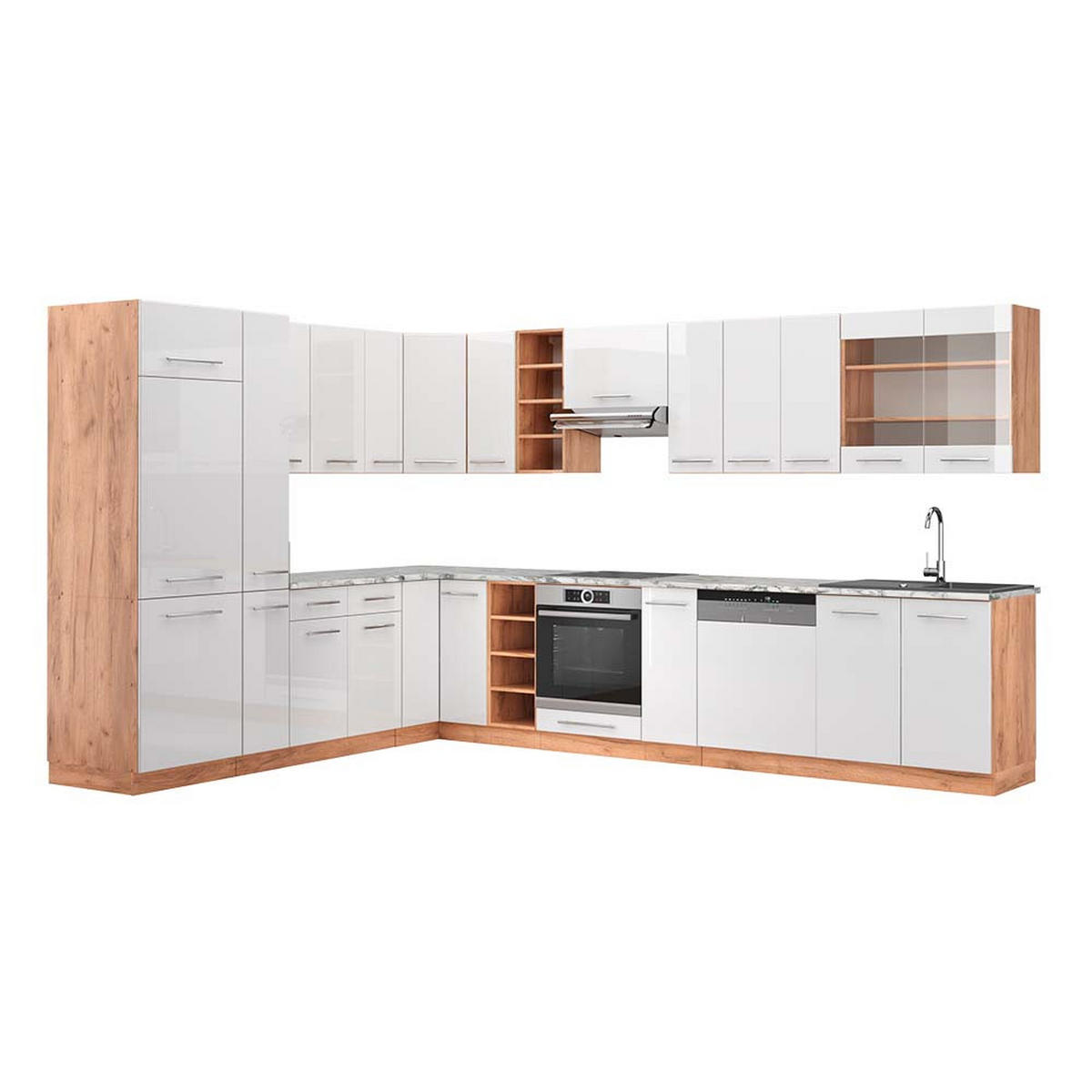ECKKÜCHE Fame-Line Weiß Hochglanz/Goldkraft Eiche 347 x 257 cm AP Marmor - Honigeiche/Weiß Hochglanz, Holzwerkstoff (347/81.6/60cm) - Vicco