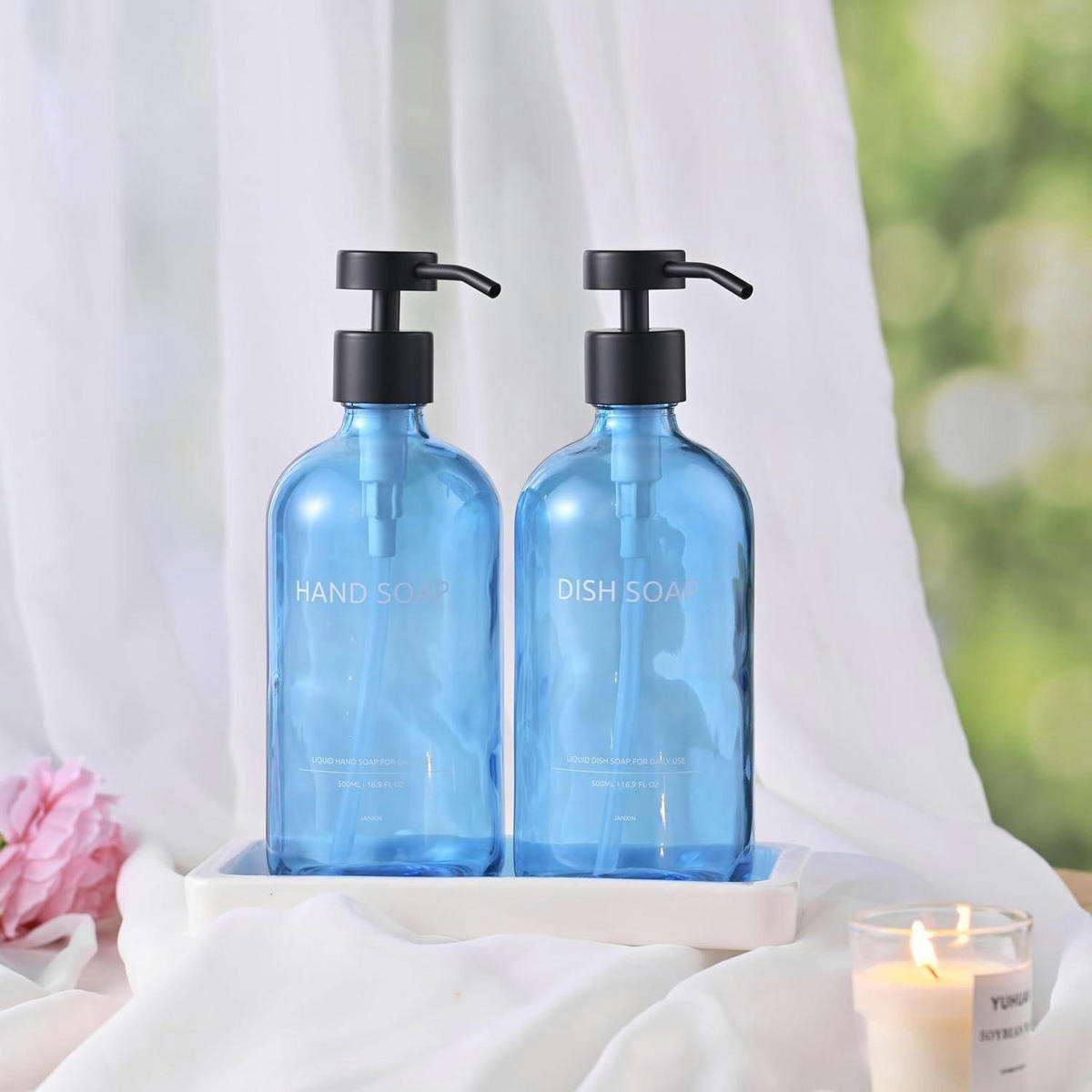 SEIFENSPENDER 2-teiliges Set Glas Blau 500 ml mit Tablett - Blau, Glas (7.6/20.8/7.6cm)