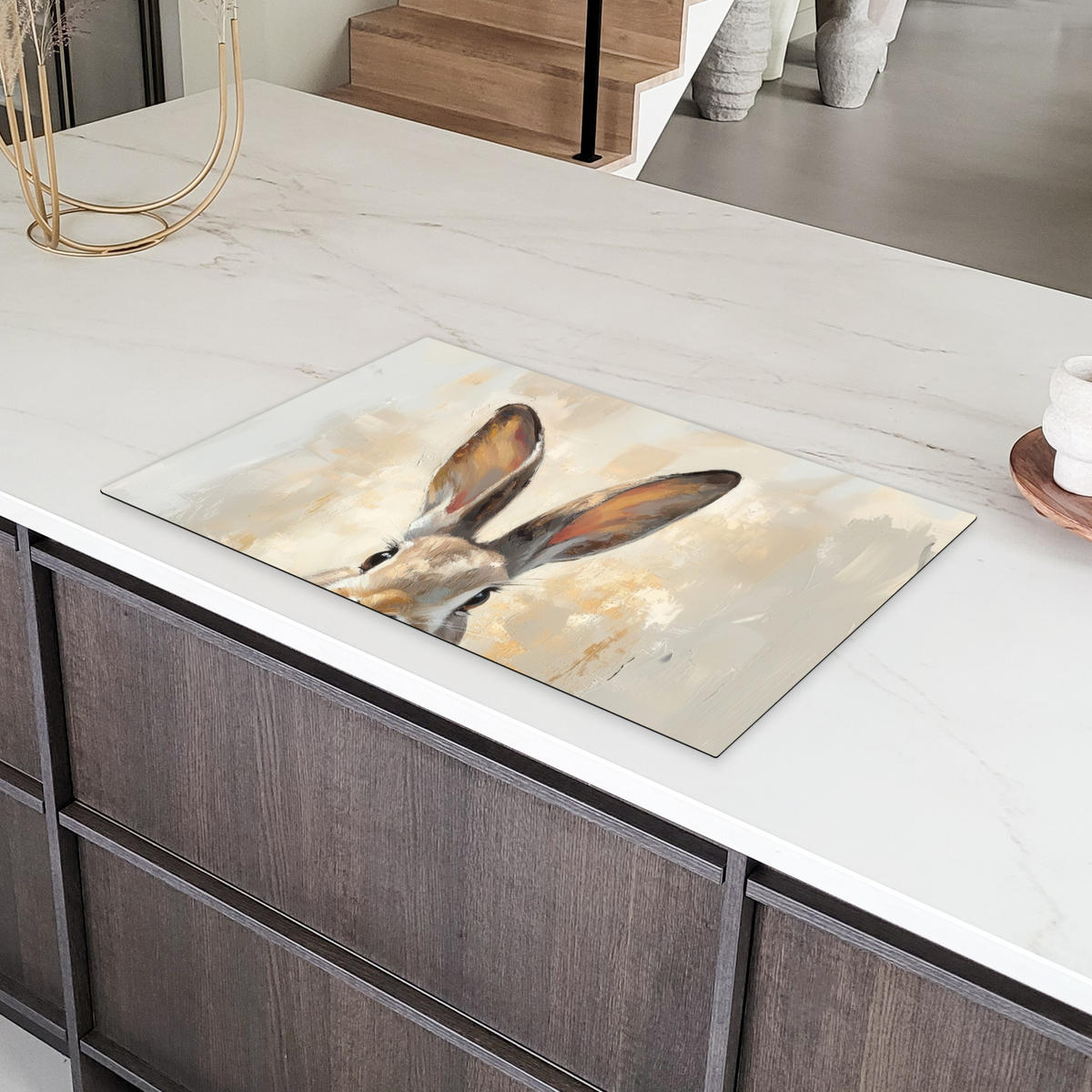 HERDABDECKPLATTE Hase - Ohren - Braun Ceranfeldabdeckung 85x52 cm - Beige, Kunststoff (85/52/0.2cm) - MuchoWow