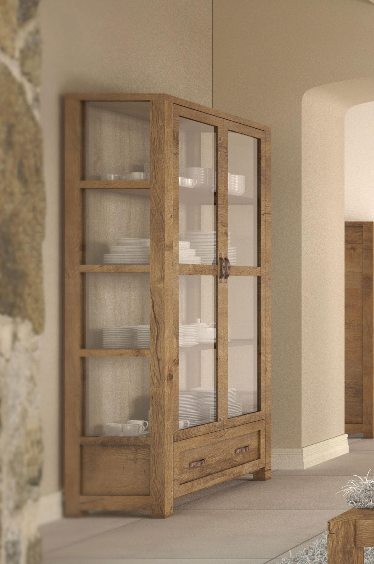 GLASVITRINE Nevada Eiche Lefkas 100 / 44 / 186cm - Eichefarben, Glas/Holz (100/186/44cm) - Feldmann-Wohnen