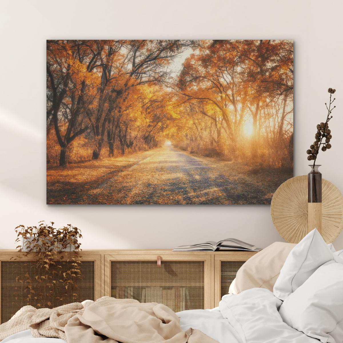 AKUSTIKBILD Wald - Herbst - Bäume - Waldweg - Natur Akustikpaneele 90x60 cm - Bernsteinfarben, Kunststoff (90/60/0.9cm) - MuchoWow