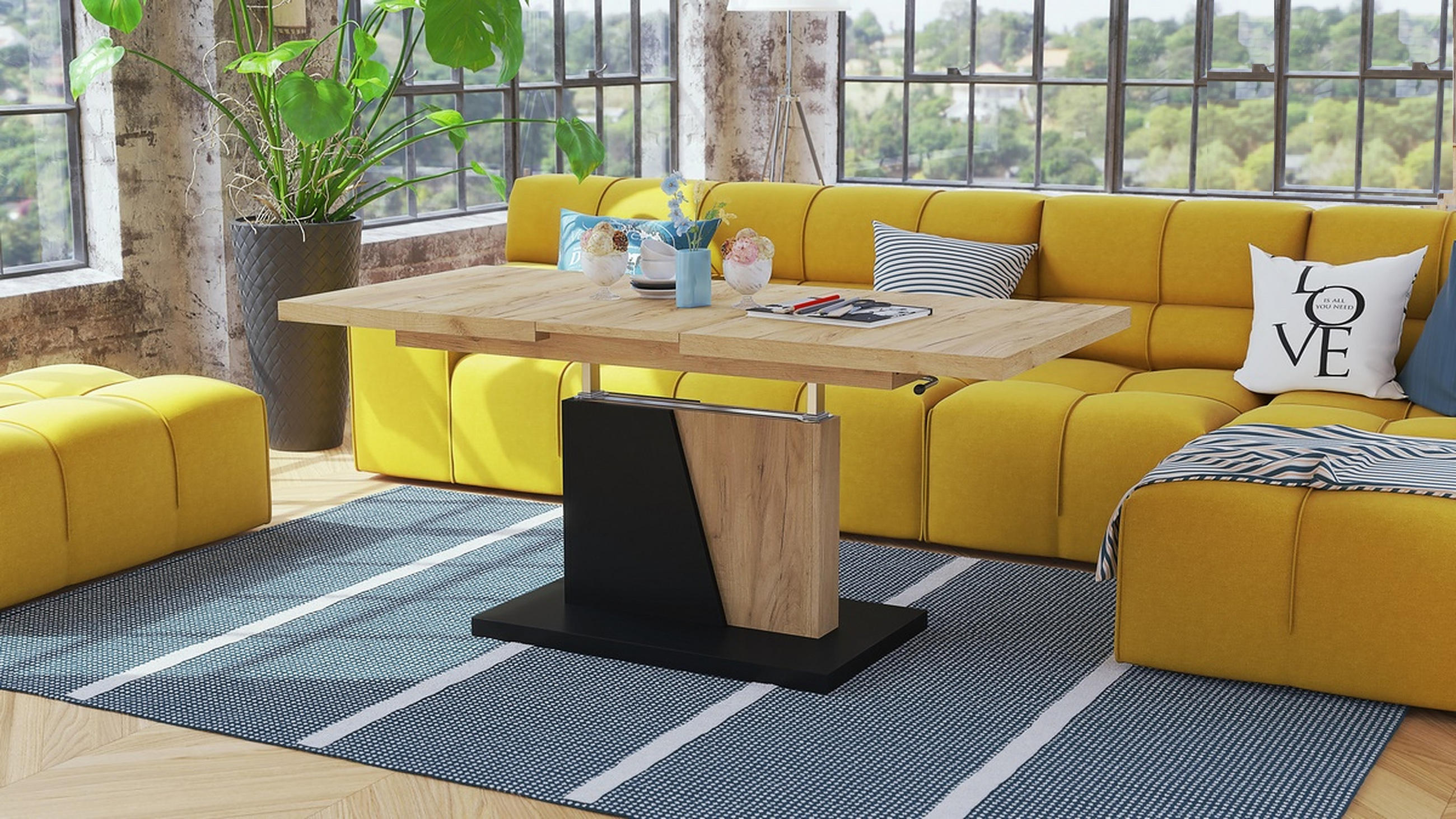 COUCHTISCH rechteckig Eiche Gold - Schwarz ausziehbar höhenverstellbar - Eichefarben/Schwarz, Holzwerkstoff (70/120/60cm) - designimpex
