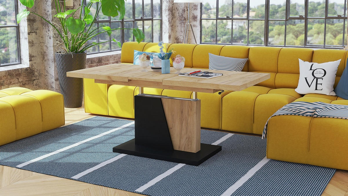 COUCHTISCH rechteckig Eiche Gold - Schwarz ausziehbar höhenverstellbar - Eichefarben/Schwarz, Holzwerkstoff (70/120/60cm) - designimpex