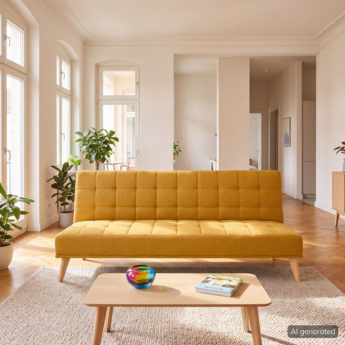 SCHLAFSOFA - Hellbraun/Gelb, Holz/Birkenholz (180/81/86cm) - home24