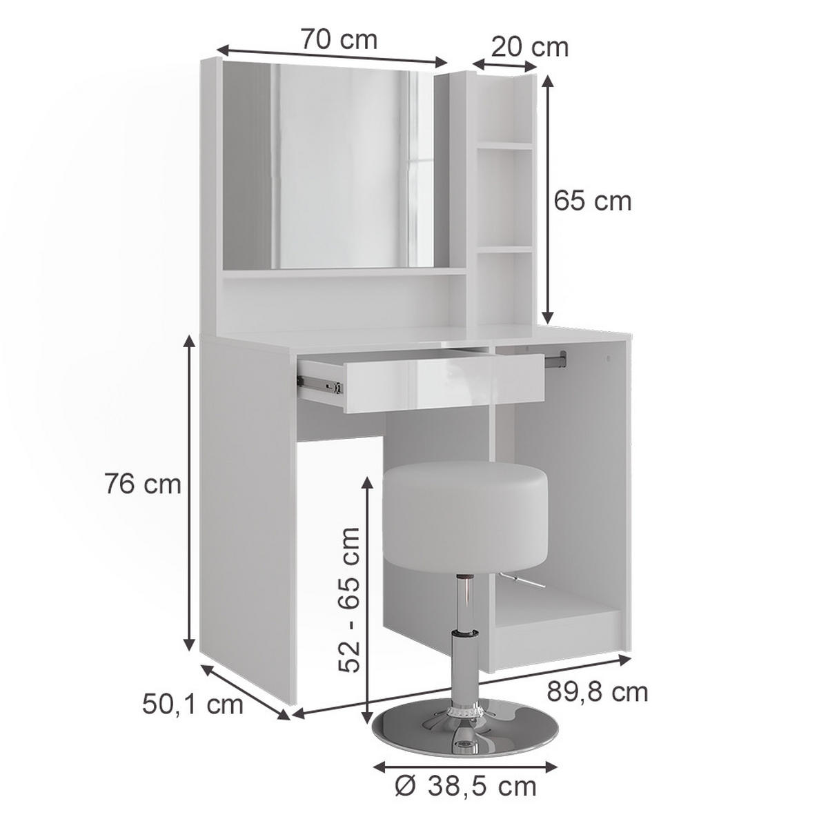 SCHMINKTISCH Sherry Weiß/Weiß Hochglanz 89.8 cm 4 Teile - Weiß Hochglanz, Holzwerkstoff (50.1cm) - Vicco