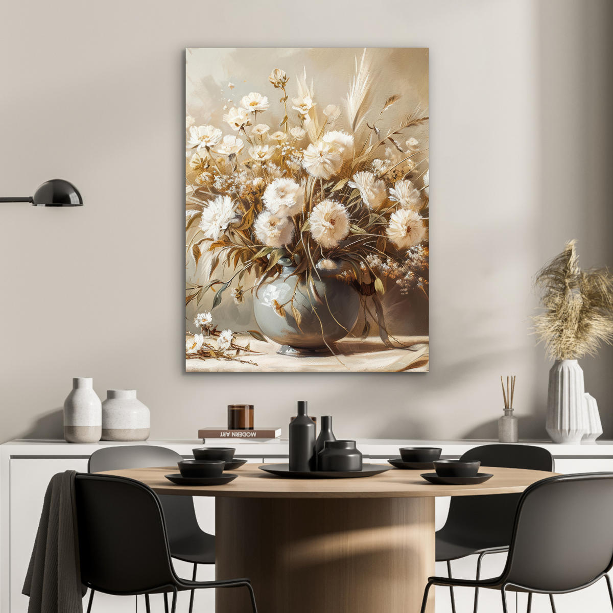 KOVOVÝ OBRAZ Kvety - Váza - Zátišie - Béžová 60x80 cm - krémová, kov (60/80cm) - MuchoWow