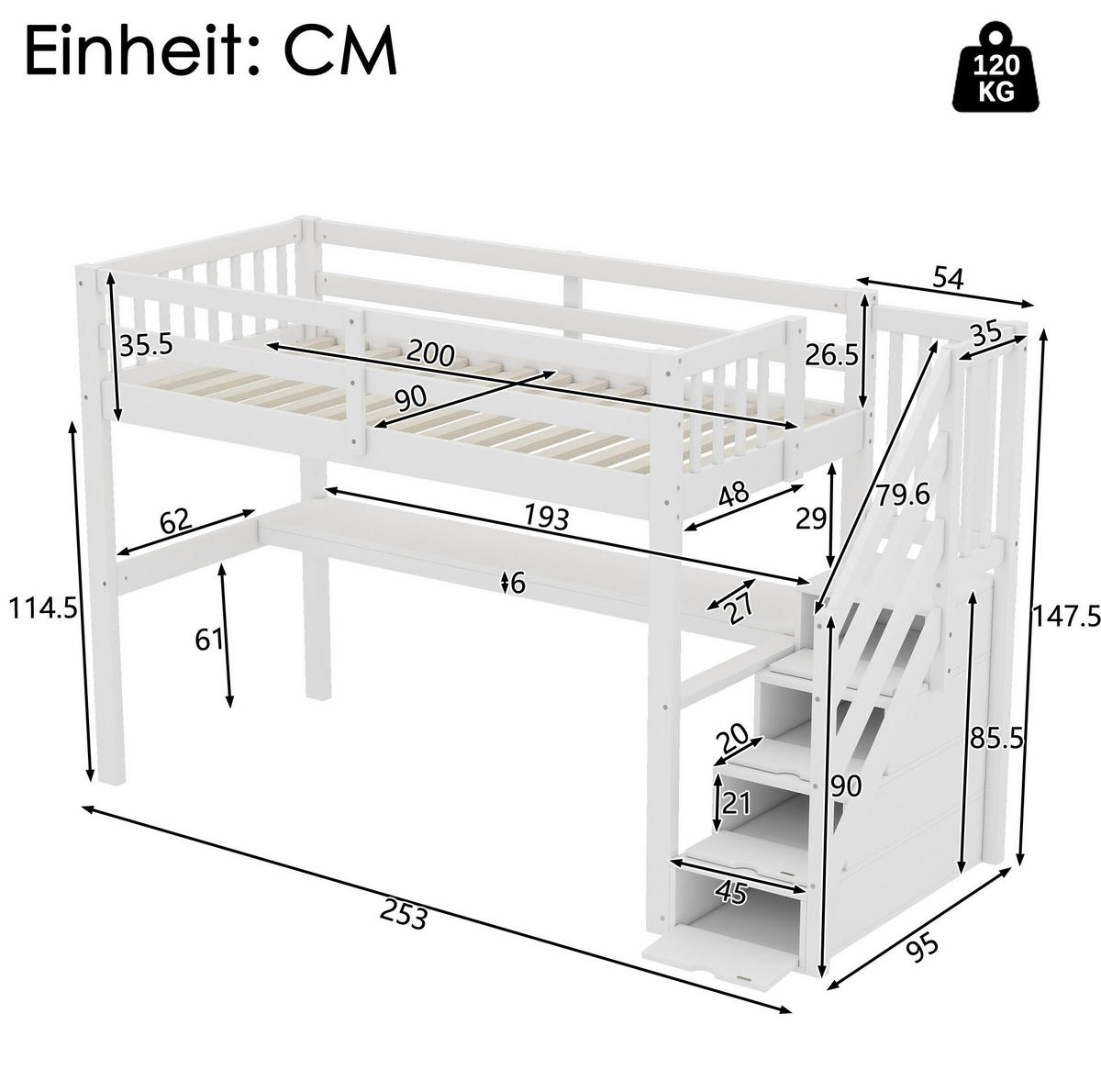 HOCHBETT 90/200 cm Weiß aus Kiefernholz und MDF mit Stauraum und Schreibtisch - Weiß, Holz (90/200cm) - OKMYHOME