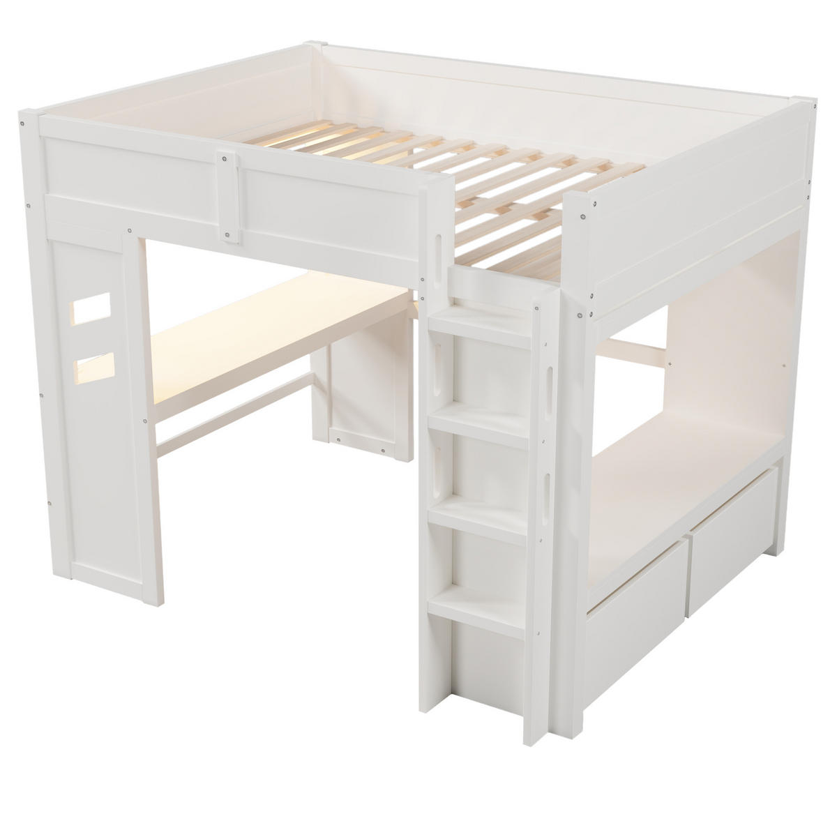 HOCHBETT 140/200 cm in Weiß mit Schreibtisch, 2 Schubladen, LED, USB und Type-C - Weiß, Holz/Holzwerkstoff (140/200cm) - STILVORA