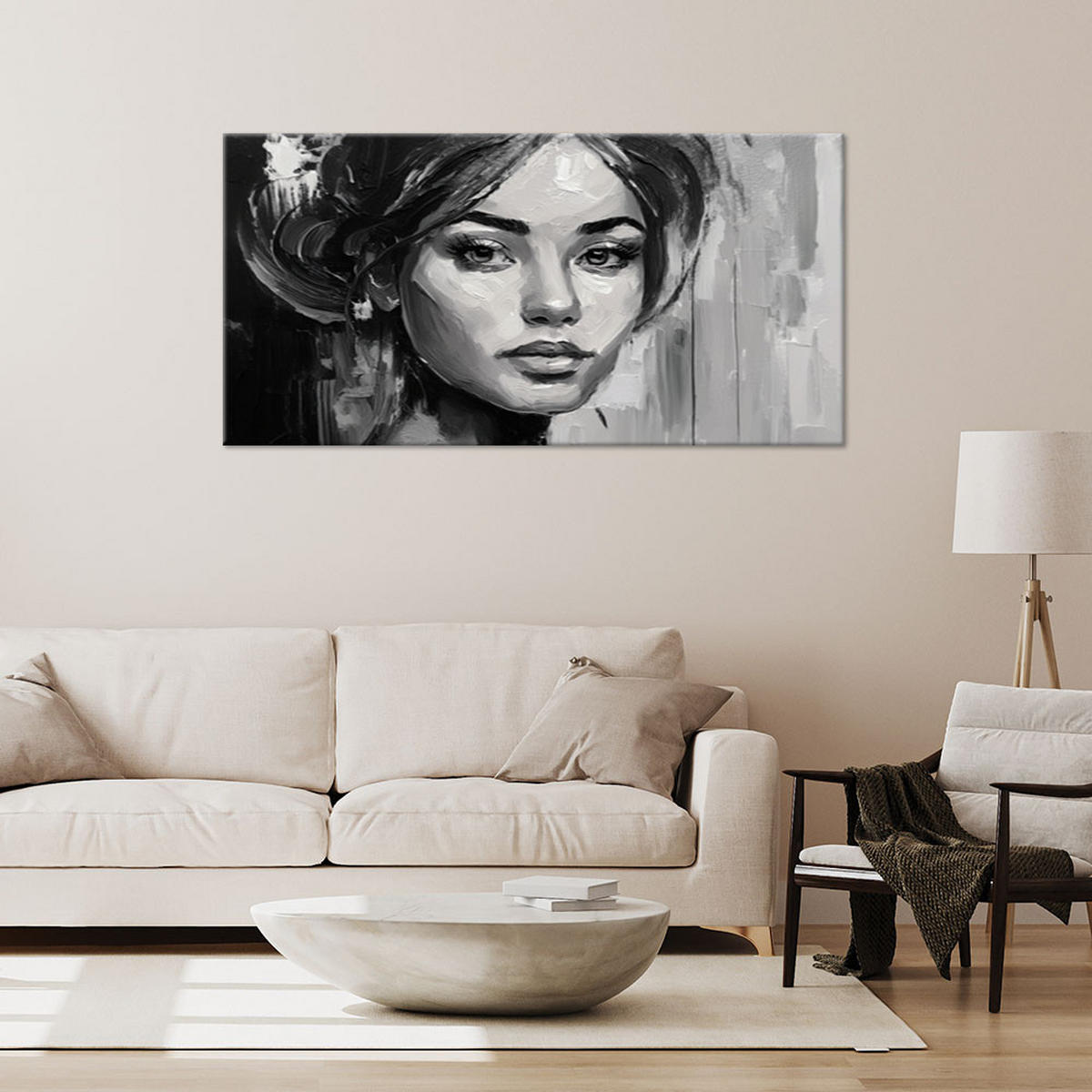 LEINWANDBILD Porträt Frau Schwarz-Weiß 120x60cm - Schwarz, Textil (120/60cm) - Feeby
