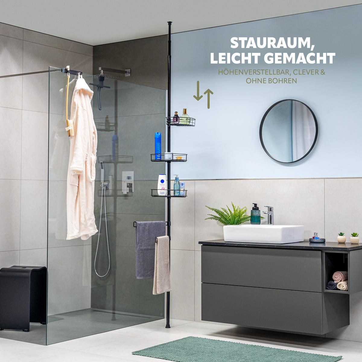 TELESKOP-BADREGAL, schwarz - Schwarz, Metall (30/290/30cm) - bremermann