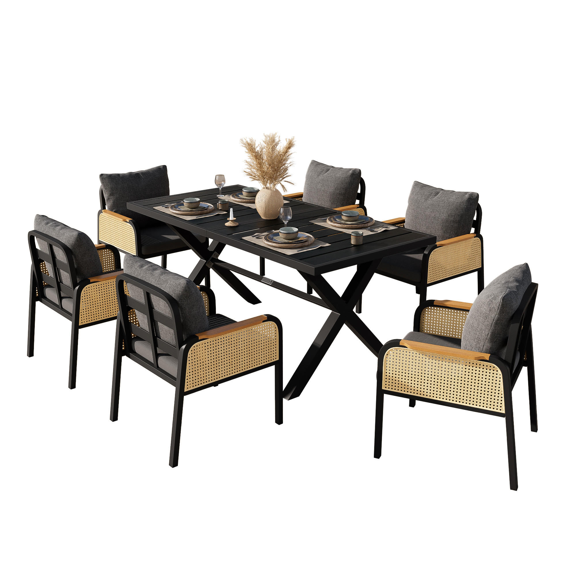 GARTENMÖBELSET 7-tlg. mit Tisch und 6 Stühlen Schwarz/Natur - Schwarz, Metall - Beauniv