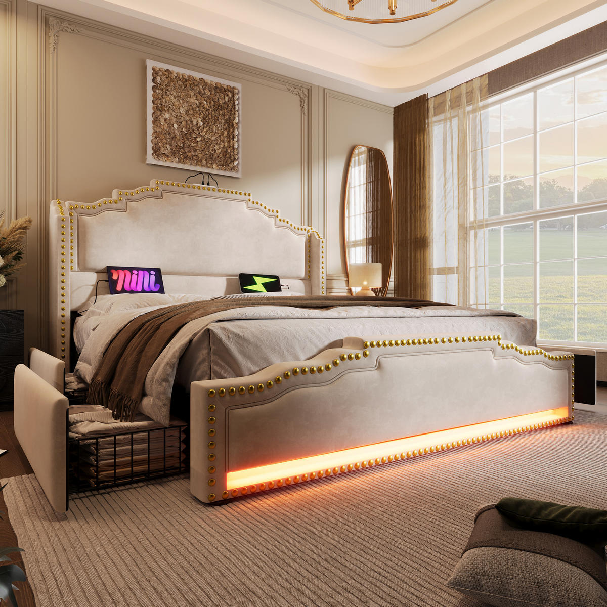 POLSTERBETT 140/200 cm Beige mit Stauraum und LED-Beleuchtung mit Matratze - Beige, Textil (140/200cm) - OKWISH