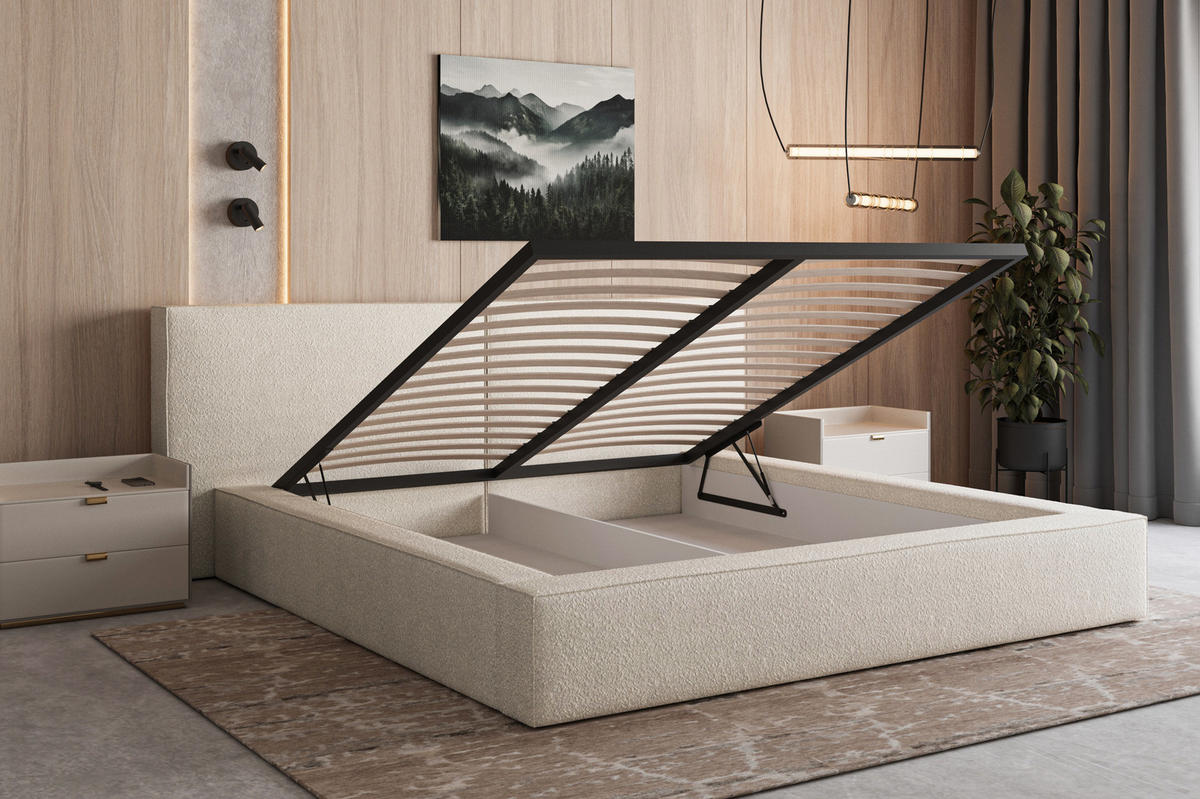 POLSTERBETT 06 Bouclé 140 x 200 cm – Arena - mit Bettkasten und Metall-Lattenrost - Creme, Metall (206/234cm) - ROYAL24_MARKT