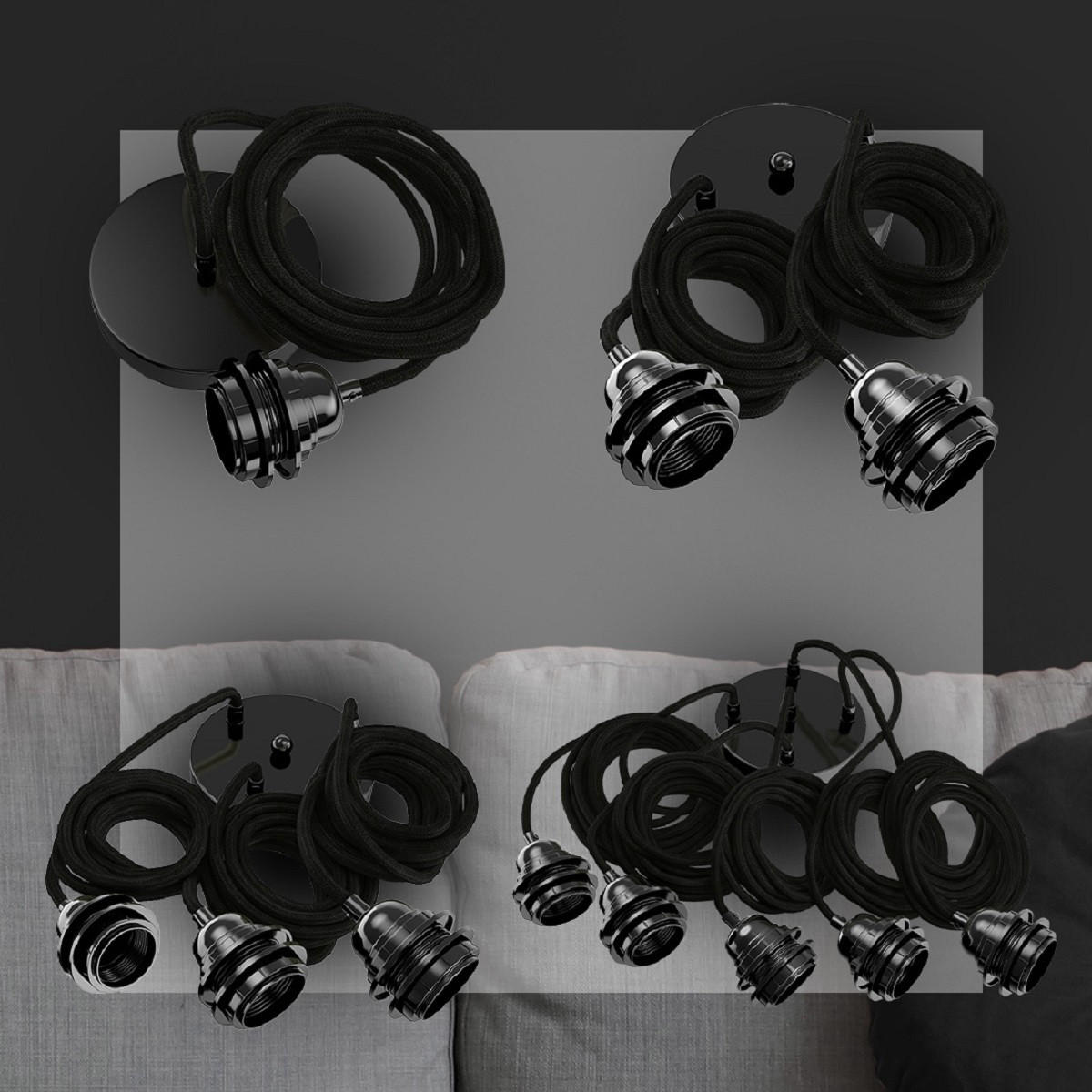 PENDELLEUCHTE Hang 5 Flammig Retro - Schwarz, Naturmaterialien (350/1/350cm) - HOOPZI