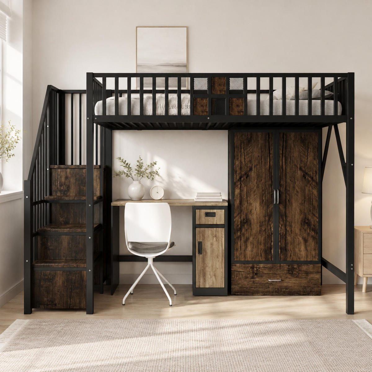 HOCHBETT 90/200 mit Kleiderschrank, Schubladen und Aufbewahrungsleiter in Schwarz - Schwarz, Holz/Metall (90/200cm) - EVRYAE