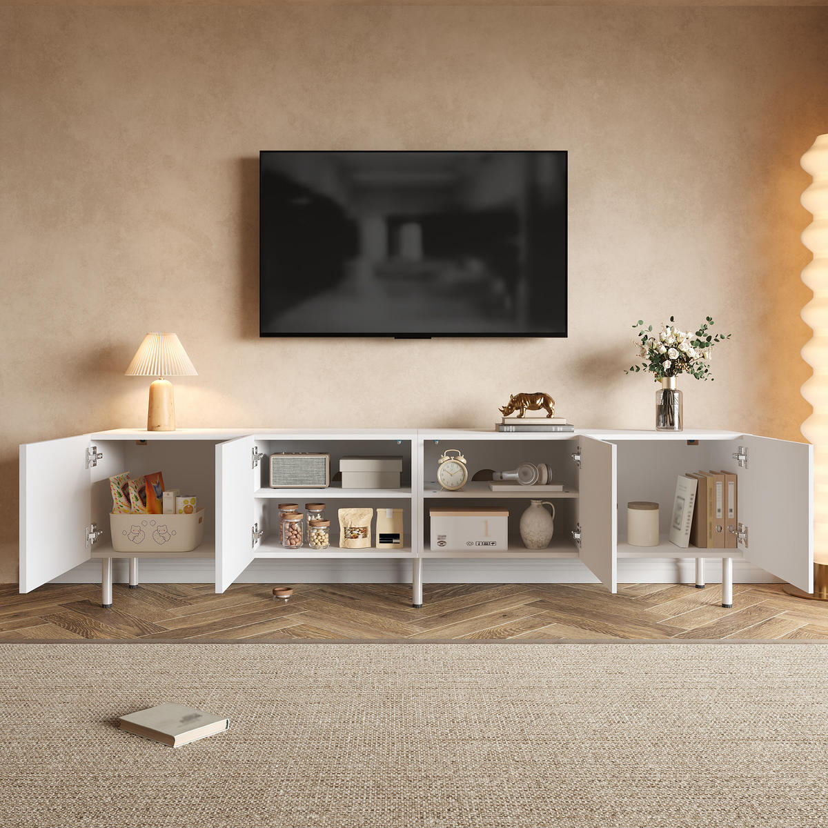 TV-SCHRANK Lowboard 4 Türen Push-to-Open Metallfüße modern - Weiß, Holzwerkstoff (35/50/170cm) - FLIEKS