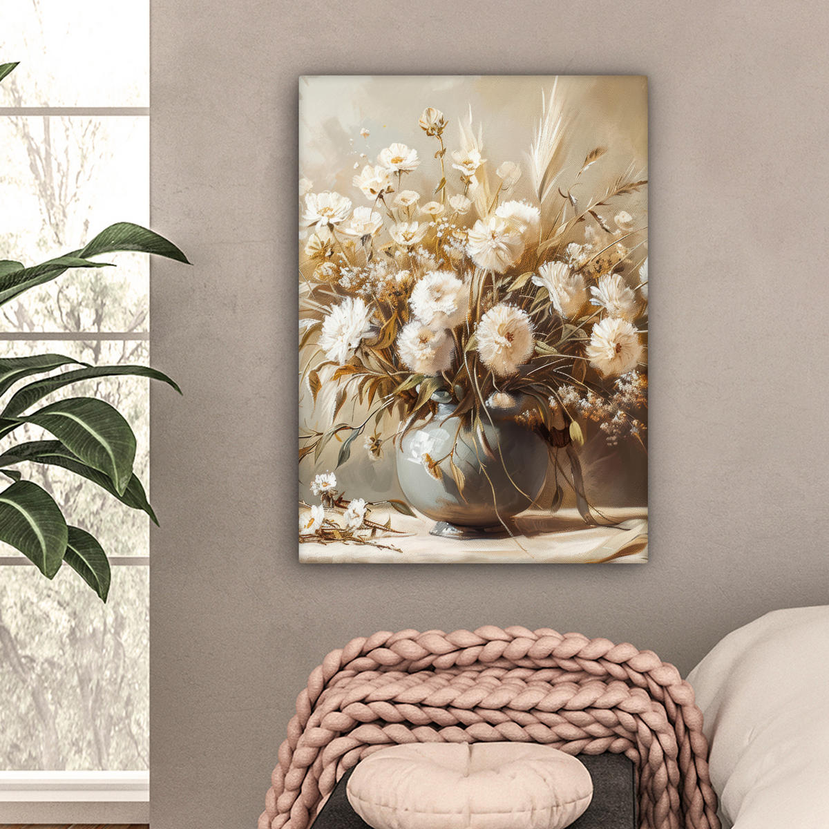 LEINWANDBILD Blumen - Vase - Stilleben - Beige Wandbild Wohnzimmer 60x80 cm - Creme, Textil (60/80cm) - MuchoWow