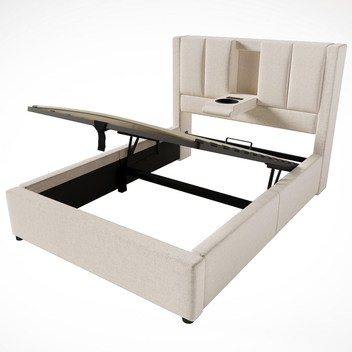 POLSTERBETT 90/200 cm Beige mit Stauraum und integrierter Ladestation mit Matratze aus Leinen - Beige, Textil (90/200cm) - OKWISH