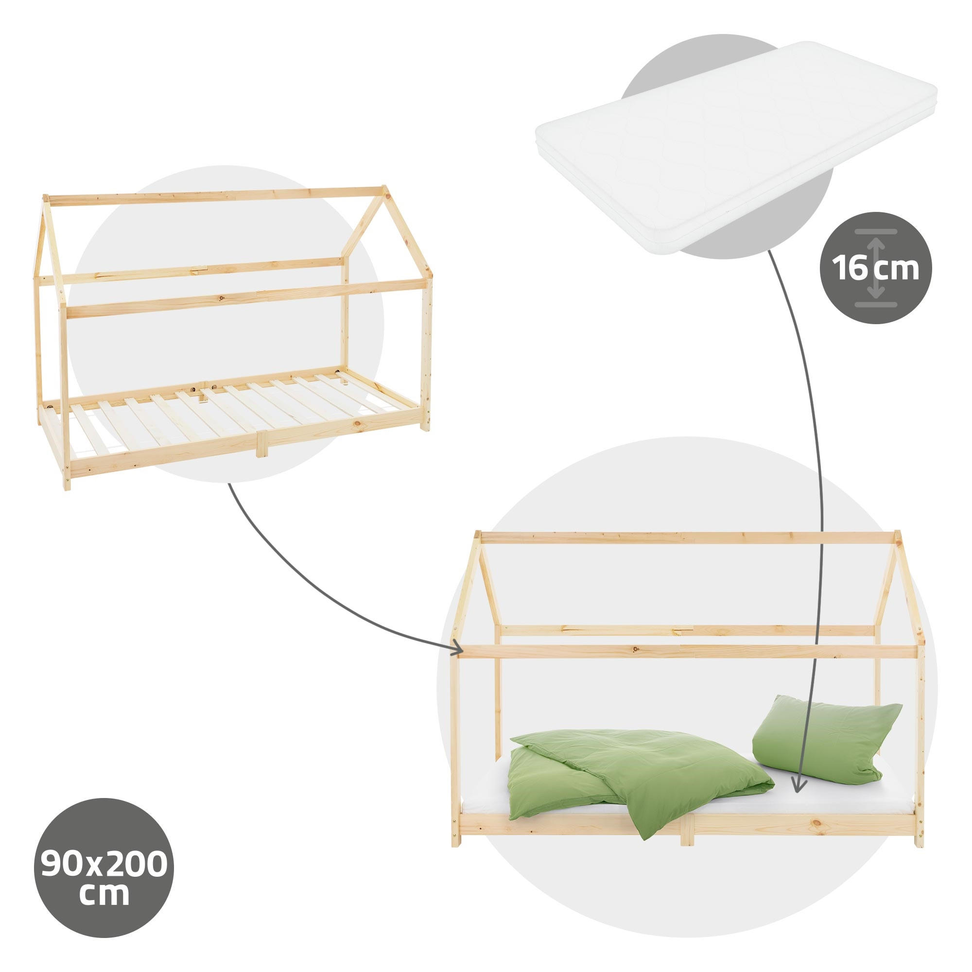 KINDERBETT mit Dach und Matratze 90x200 cm Natur - Naturfarben, Holz (90/200cm) - ML-DESIGN