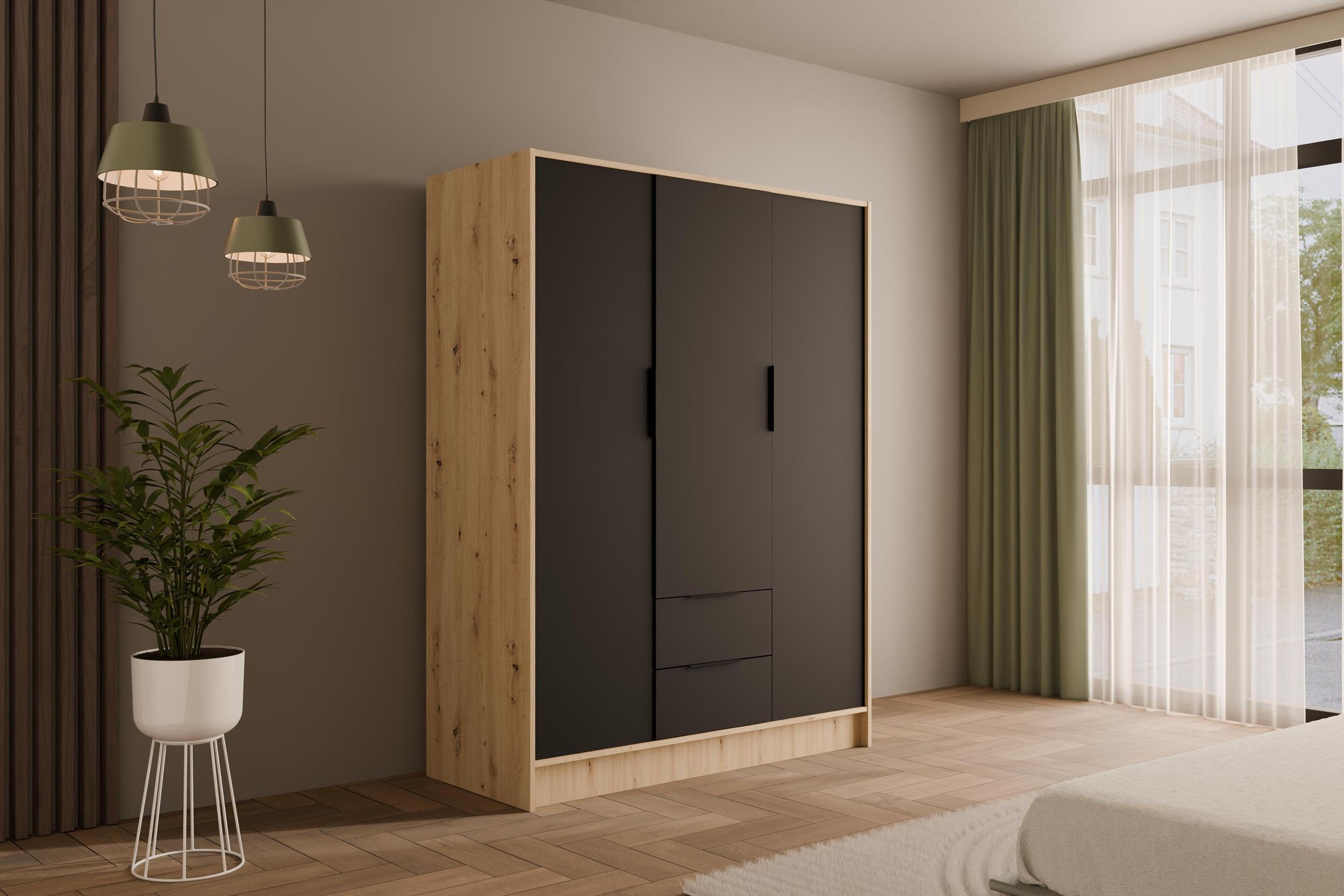 KLEIDERSCHRANK mit Flügeltüren KOLIN 150x200cm Artisan / Schwarz - Schwarz/Eiche Artisan, Holzwerkstoff (150/200/51cm) - ALTDECOR
