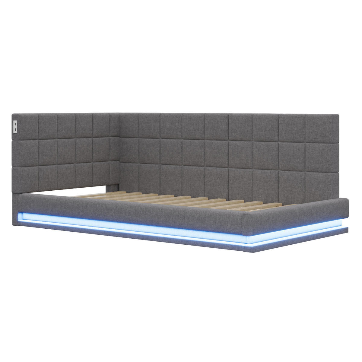 POLSTERBETT 90/200 cm Grau mit LED-Beleuchtung und USB- und Type-C-Anschlüssen - Grau, Textil (90/200cm) - Flora Grace