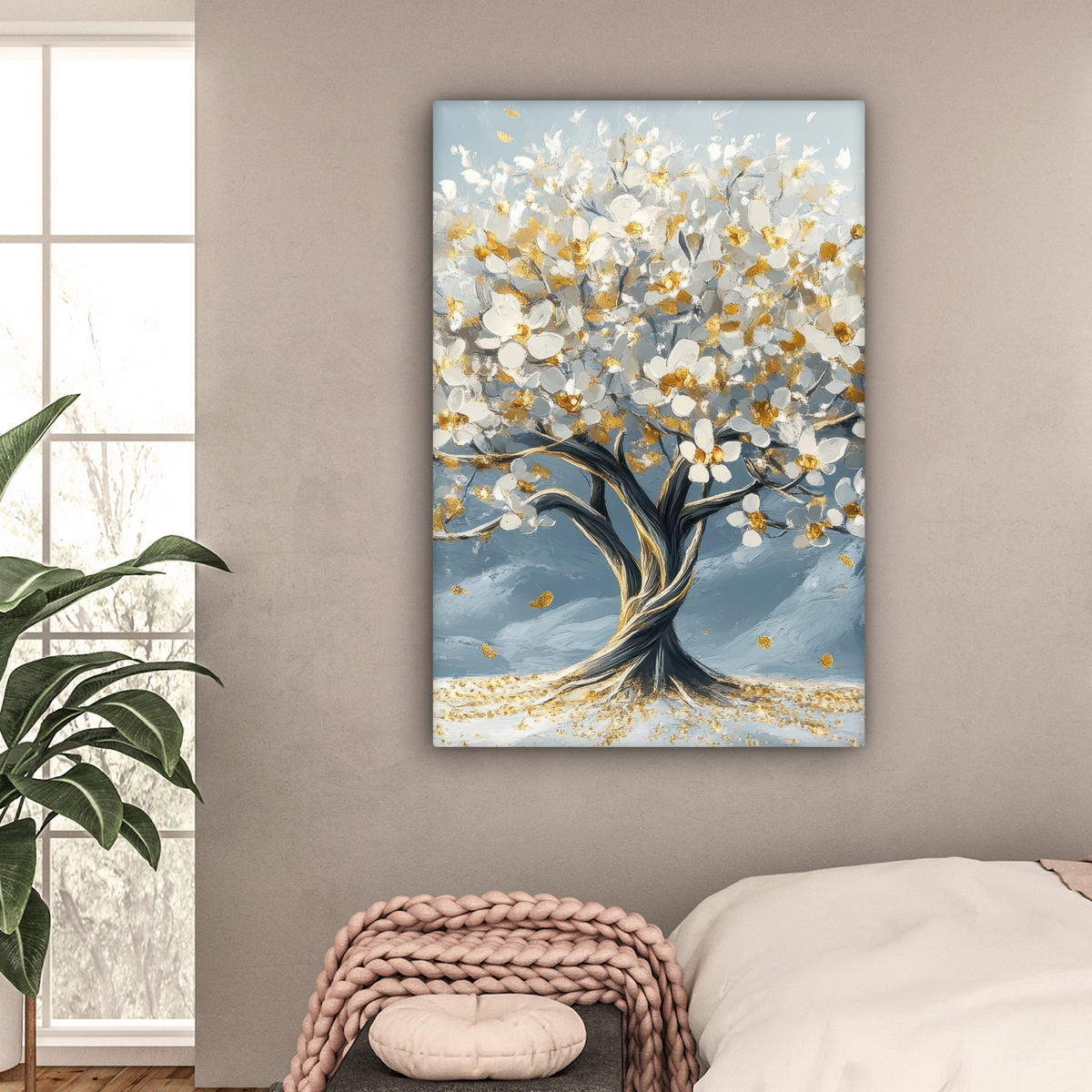 LEINWANDBILD Baum - Winter - Baum des Lebens - Modern - Gold Deko Groß 90x140 cm - Goldfarben, Textil (90/140cm) - MuchoWow