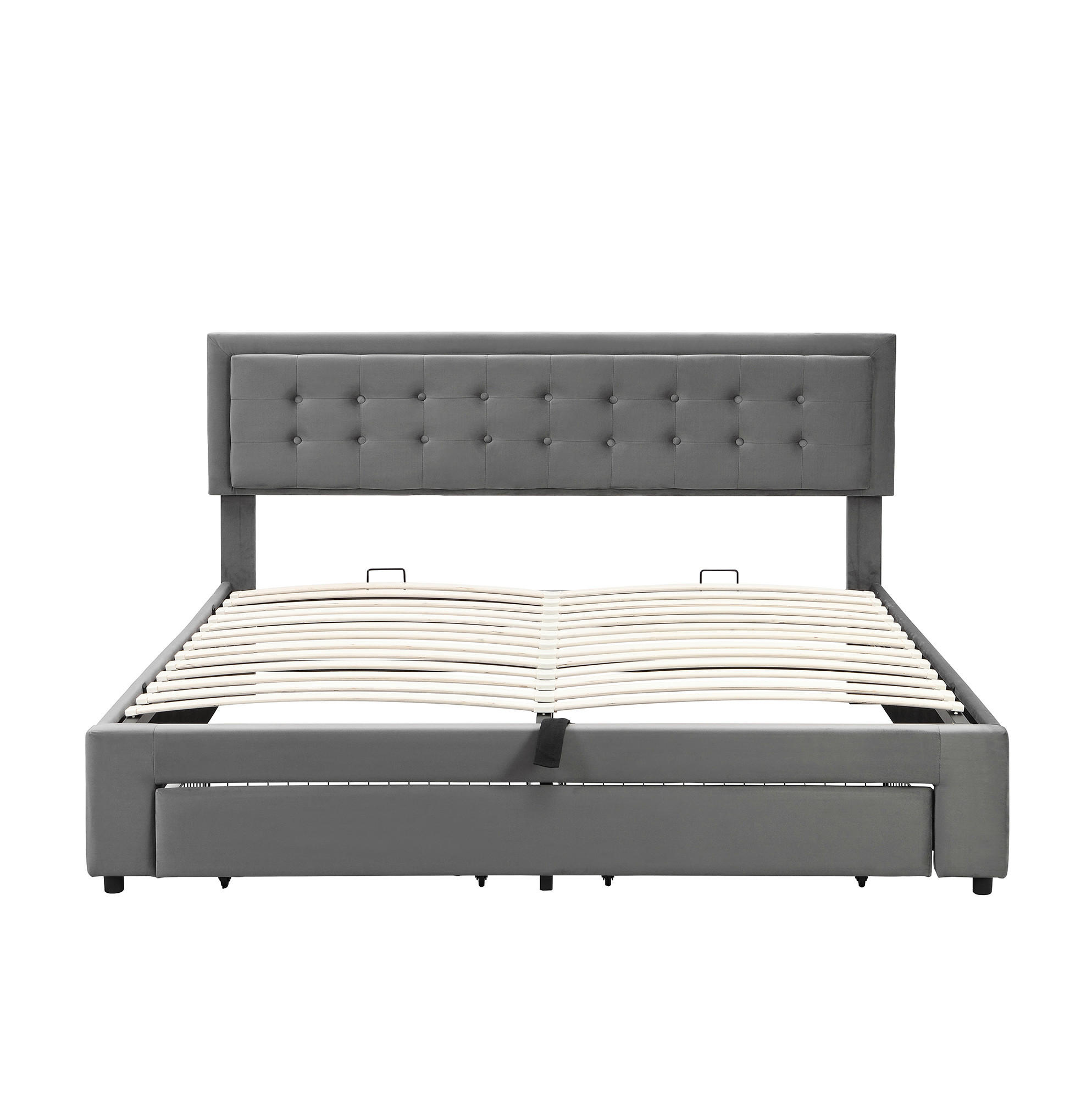 OKWISH ČALOUNĚNÁ postel 160/200 cm šedá ze sametu s úložným prostorem a nastavitelným čelem