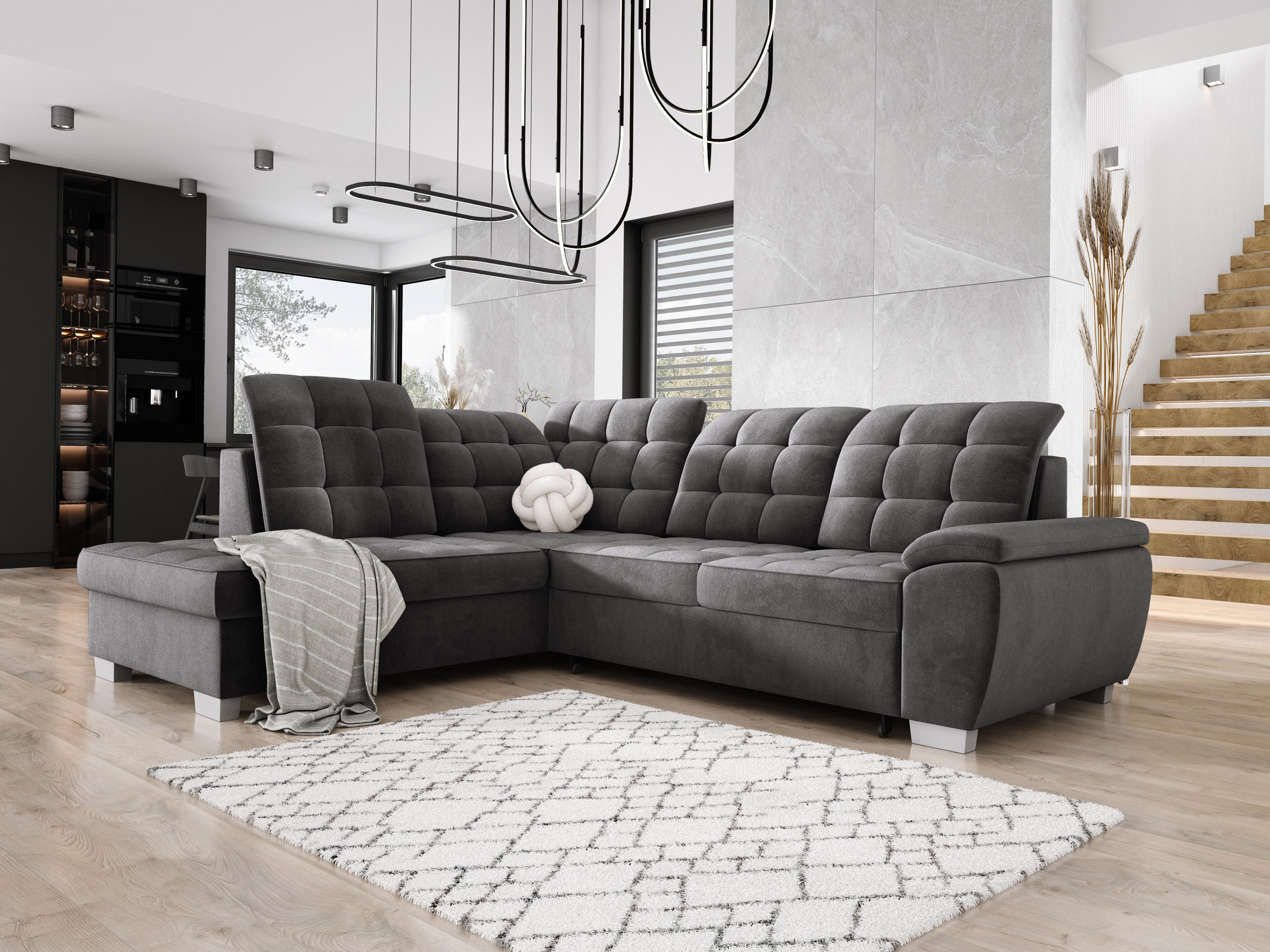 ECKSOFA LOTTA SALVADOR Bettkasten verstellbare Kopfstützen hochwertige Verarbeitung lose Rückenkissen freistehend LINKS 212x258x106 cm Dark grey - Dunkelgrau, Holz/Textil (212/258cm) - DomoHome