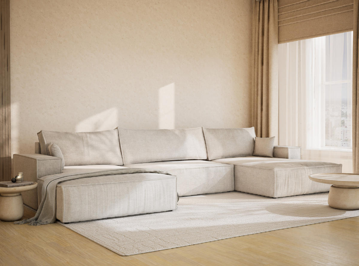 WOHNLANDSCHAFT Kyoto Beige grau Chenille-Stoff - Greige/Schwarz, Holz/Holzwerkstoff (398/70/148cm) - Maison de Reve