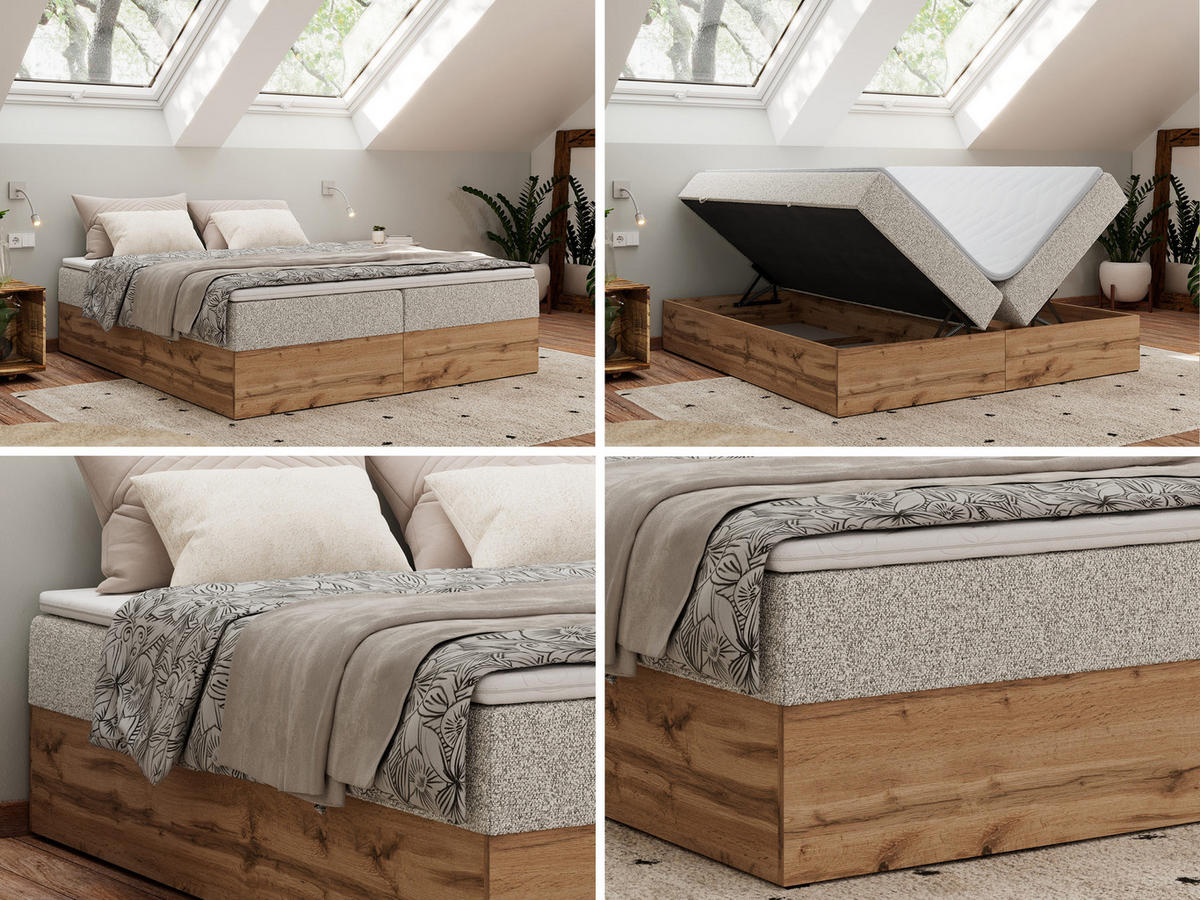 BOXBETT WOOD ZERO 160/200 - Hellgrau Struktur - H3 - Topper Visco - Hellgrau, Textil (160/200cm) - MKS