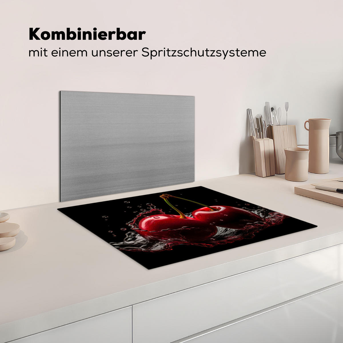 HERDABDECKPLATTE Kirsche - Rot - Frucht - Wasser - Schwarz Herdabdeckung Induktionsfeld 65x52 cm - Kirschrot, Kunststoff (65/52/0.2cm) - MuchoWow