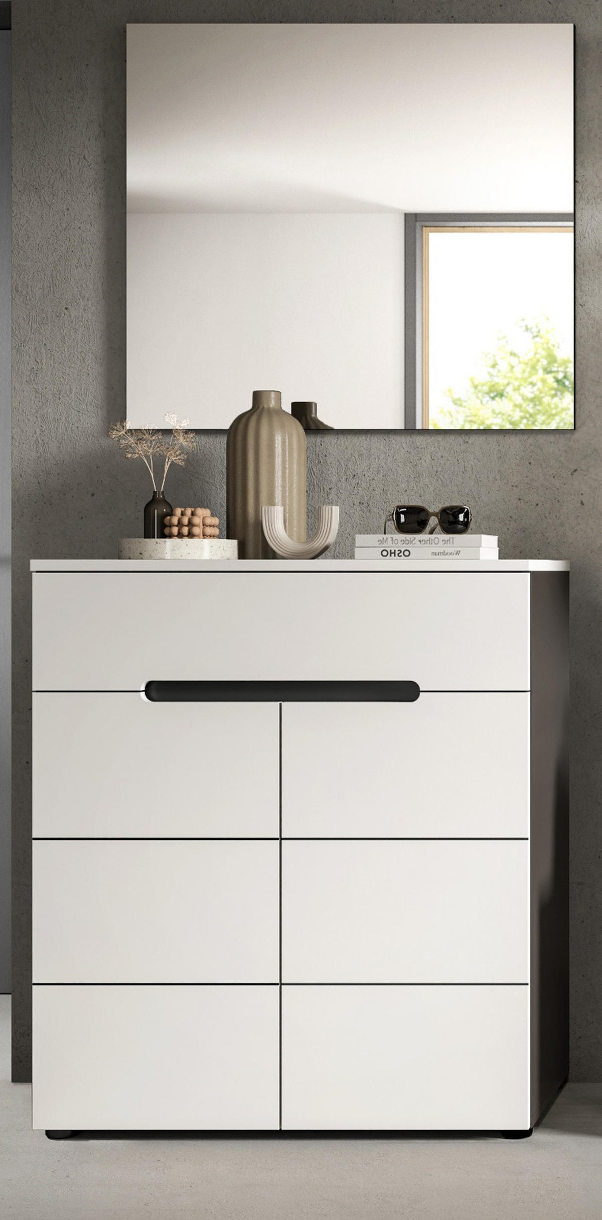 GARDEROBEN-SET 2-teilig weiß, grau, Schuhkommode und Spiegel mit Soft-Close, Cooper - Schwarz/Weiß, Glas/Holzwerkstoff (80/190/37cm) - Inn.Furn