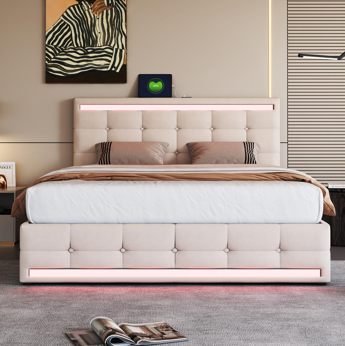 POLSTERBETT aus gepolstertem Bezug 140x200 cm Beige mit LED-Beleuchtung, 2 USB-Anschlüssen und 4 Schubladen - Beige, Textil (140/200cm) - Modfu