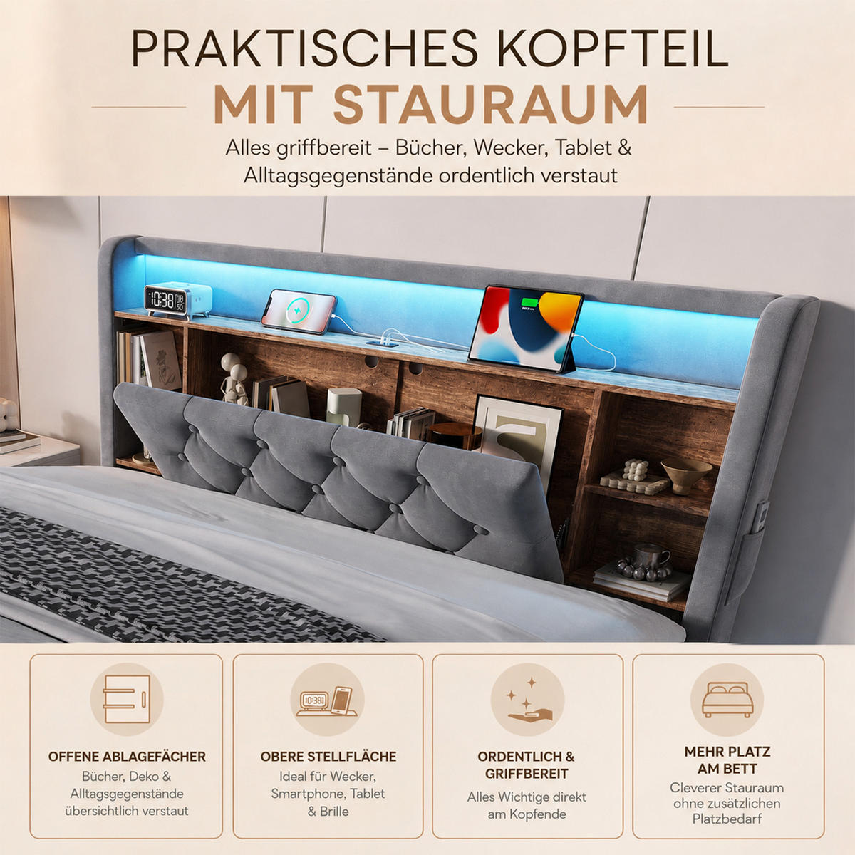 BOXBETT 140/200 mit LED/USB, Kopfteil-Regal & Hydraulik, Samt, Dunkelgrau - Dunkelgrau, Holz (140/200cm) - LVHOM