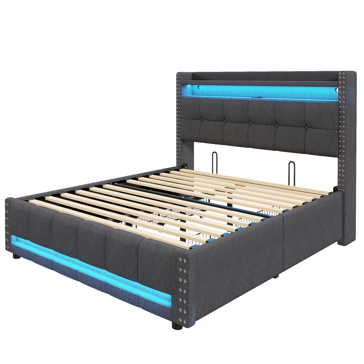 ČALOUNĚNÁ postel, 140/200 cm, šedá, s LED osvětlením, USB a úložnými zásuvkami - šedá, textil (140/200cm) - BEAOK