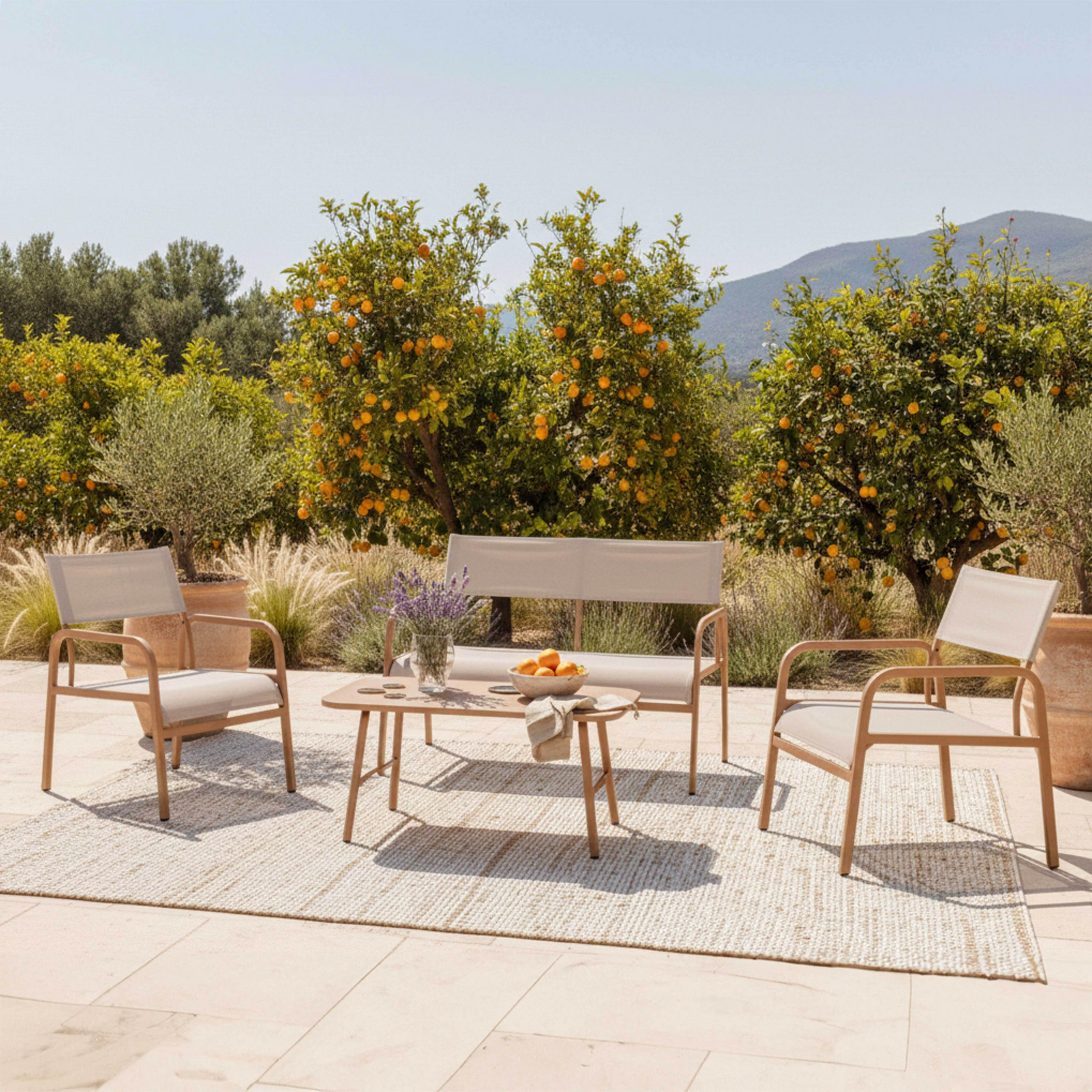 Thumbnail - Oviala Gartenmöbelset, Beige, Textil, 2 Sesseln, 1 Bank und 1 Couchtisch, 4-Sitzer, rechteckig,Rechteckig, Gartenmöbel, ...