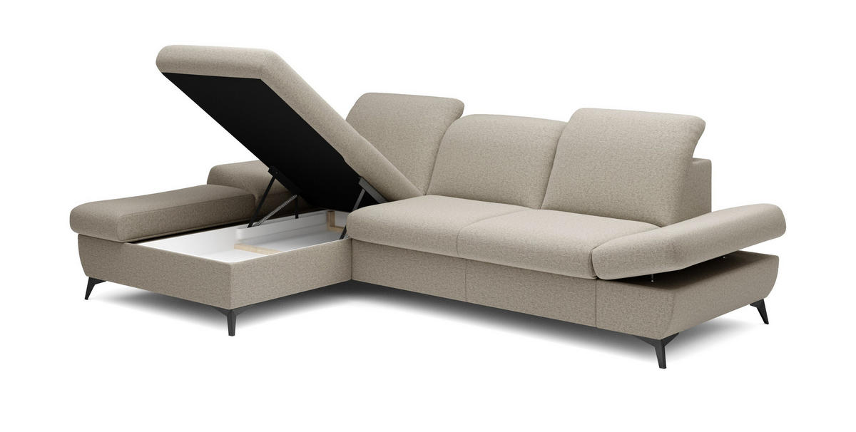 ECKSOFA FELICE L-S Beige Geflochtener Stoff mit Schlaffunktion - Beige, Holz (284/166cm) - MASSENO