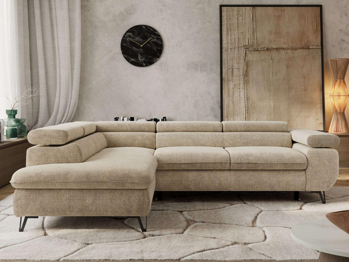 ECKSOFA PABLO L Beige Schenille grob gewebt - Links Seite mit Visco Topper - Beige/Schwarz, Textil/Metall (208/273cm) - MKS