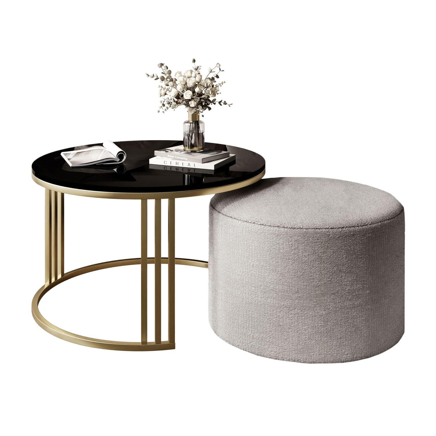 COUCHTISCH mit Hocker LORI Hochglanz gebürstetes Gold/Schwarz glänzend/Perfect Harmony 82 - Weiß, Metall (70/70/49cm) - Lookway