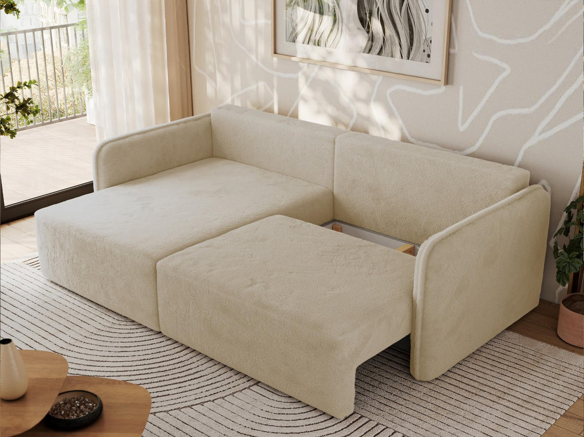 ECKSCHLAFSOFA MESTO L Creme Plüsch - links - Creme/Schwarz, Kunststoff/Textil (227/147cm) - MKS