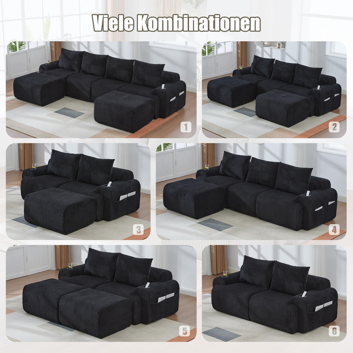 ECKSOFA mit Getränkehalter und Aufbewahrungstasche in Schwarz - Schwarz, Textil (268/174cm) - EVRYAE