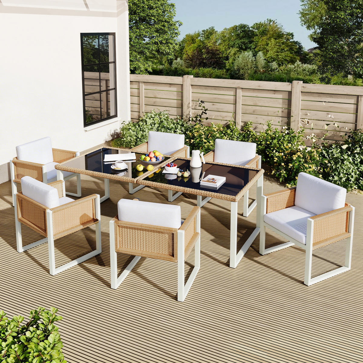 GARTENLOUNGE-SET Polyrattan-Gartenmöbel 6-Personen-Garten-Essgruppe - Schwarz/Weiß, Textil/Metall - STILVORA