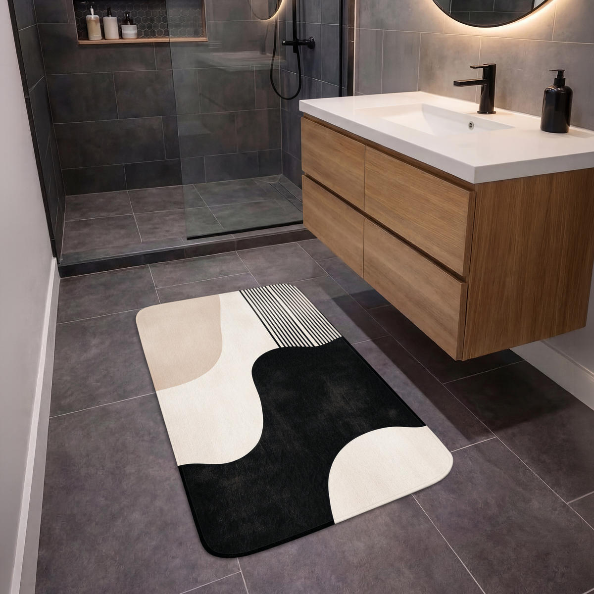 KÚPEĽŇOVÁ PREDLOŽKA Abstraktné - Japonské - Béžové - Moderné 60x90 cm - čierna/béžová, textil/plast (60/90cm) - OnlyWow