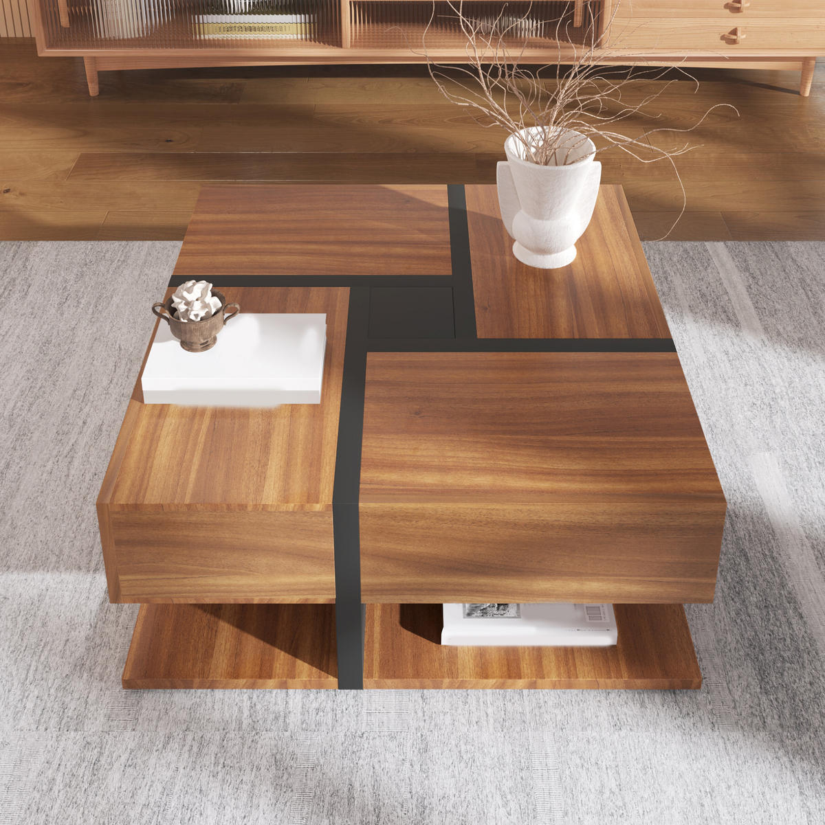 COUCHTISCH mit 4 Schubladen 78x78 cm Schwarz und Holzoptik - Braun, Holzwerkstoff (78/78/36cm) - Meubliv