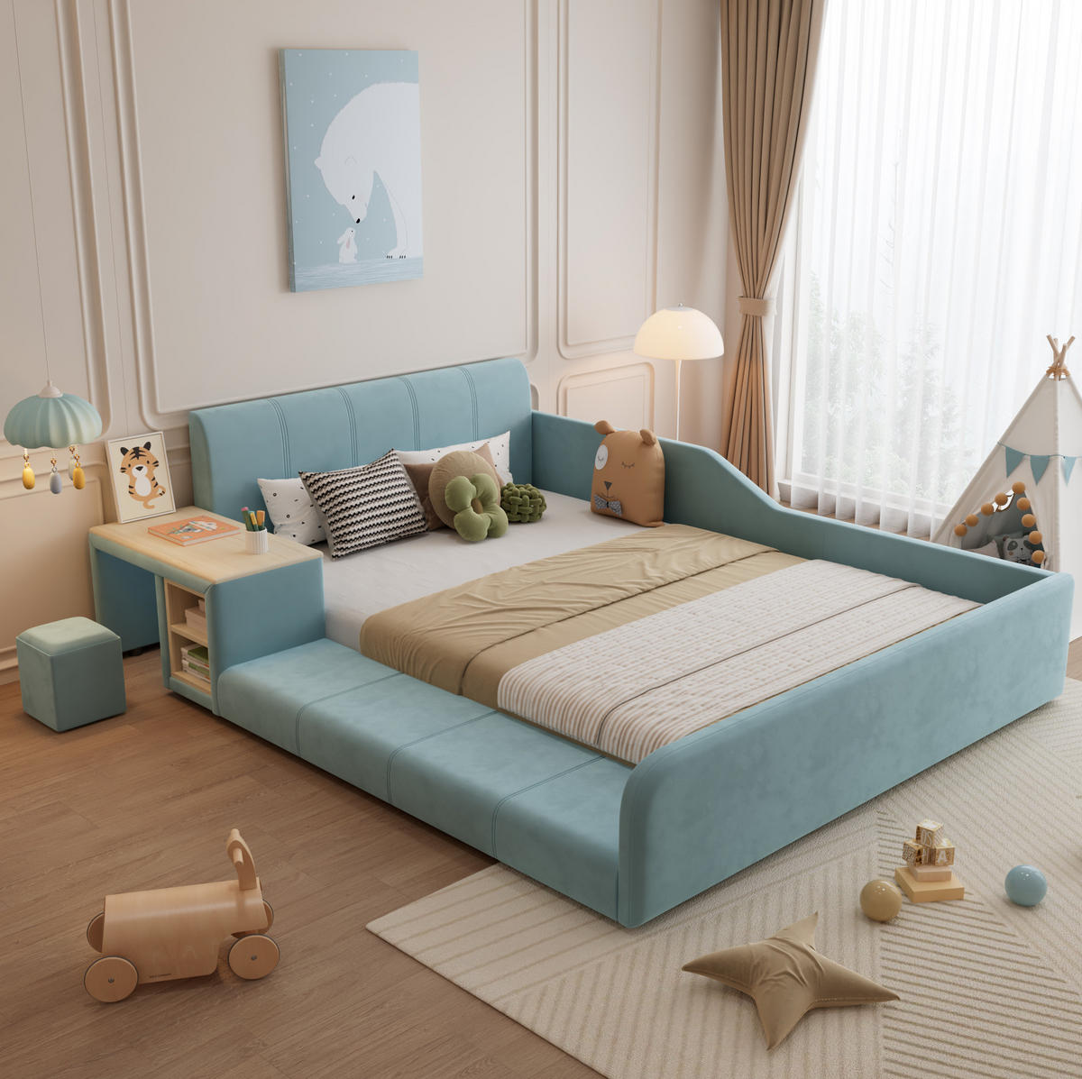 POLSTERBETT 140/200 cm aus Samt mit Schreibtisch und Hocker Blau - Blau, Textil (140/200cm) - Modenvie
