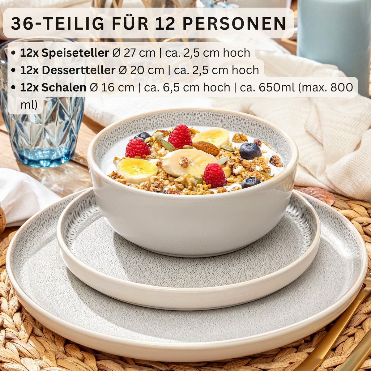 TAFELSERVICE KRETA - 36 teilig aus Steingut 12 Personen - Creme, Stein (50/30/80cm) - Sänger