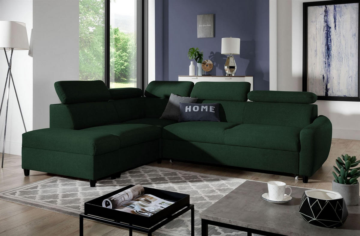 ECKSOFA Schlafsofa Anton In Esito - Dunkelgrün, Holzwerkstoff/Textil (265/205cm) - Fun Möbel