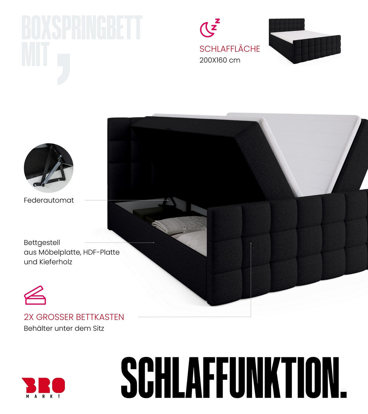 BOXBETT Dakota Duo mit Topper 160/200 Schwarz - Schwarz, Holz/Textil (160/200cm) - Bromarkt