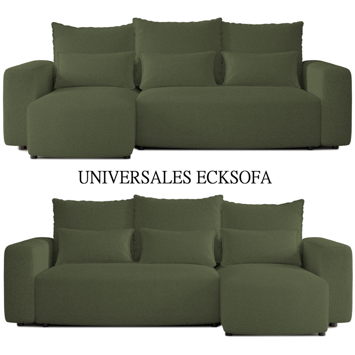 ECKSOFA Travis mit Bettkasten und Schlaffunktion, L-Form, Boucle, Universal - Olivgrün, Holzwerkstoff (248/148cm) - 4ALL HOME